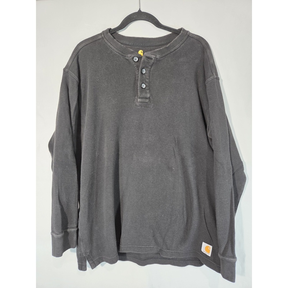 Carhartt XL Waffle Knit Henley Shirt Mens Black Relaxed Fit Long Sleeve Distress